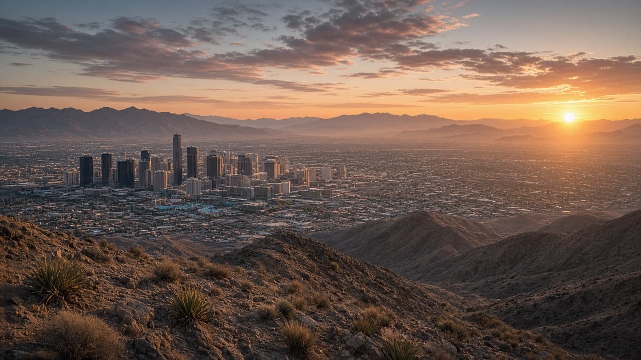 Las Vegas valley skyline at sunrise used for market analysis pages