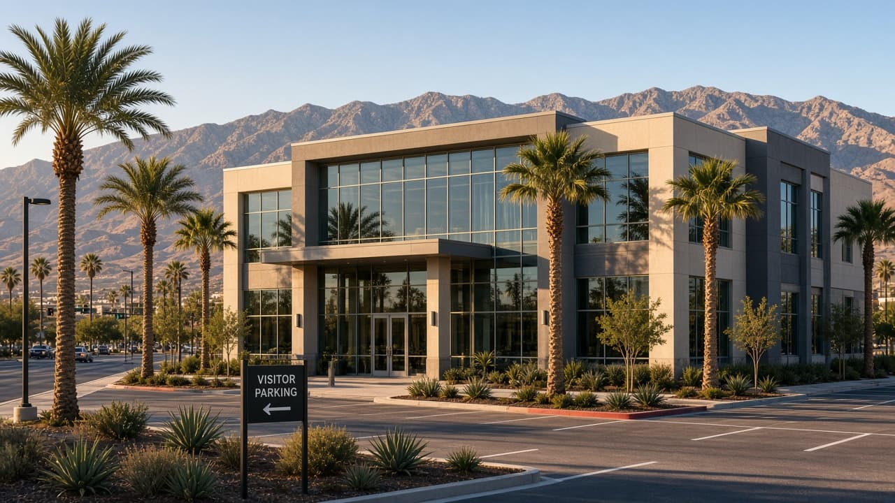 West Las Vegas office building near W Lake Mead Blvd with visitor parking and mountain backdrop