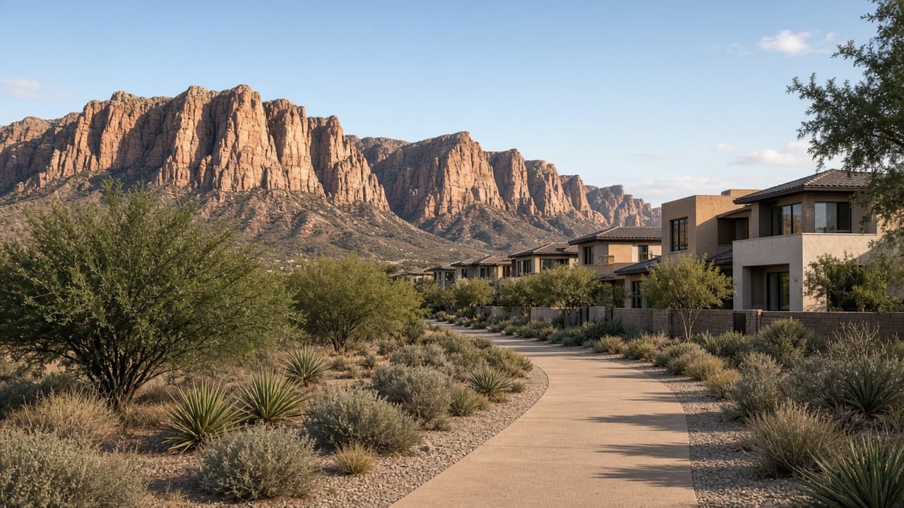 Summerlin homes with Red Rock Canyon sandstone cliffs in the background