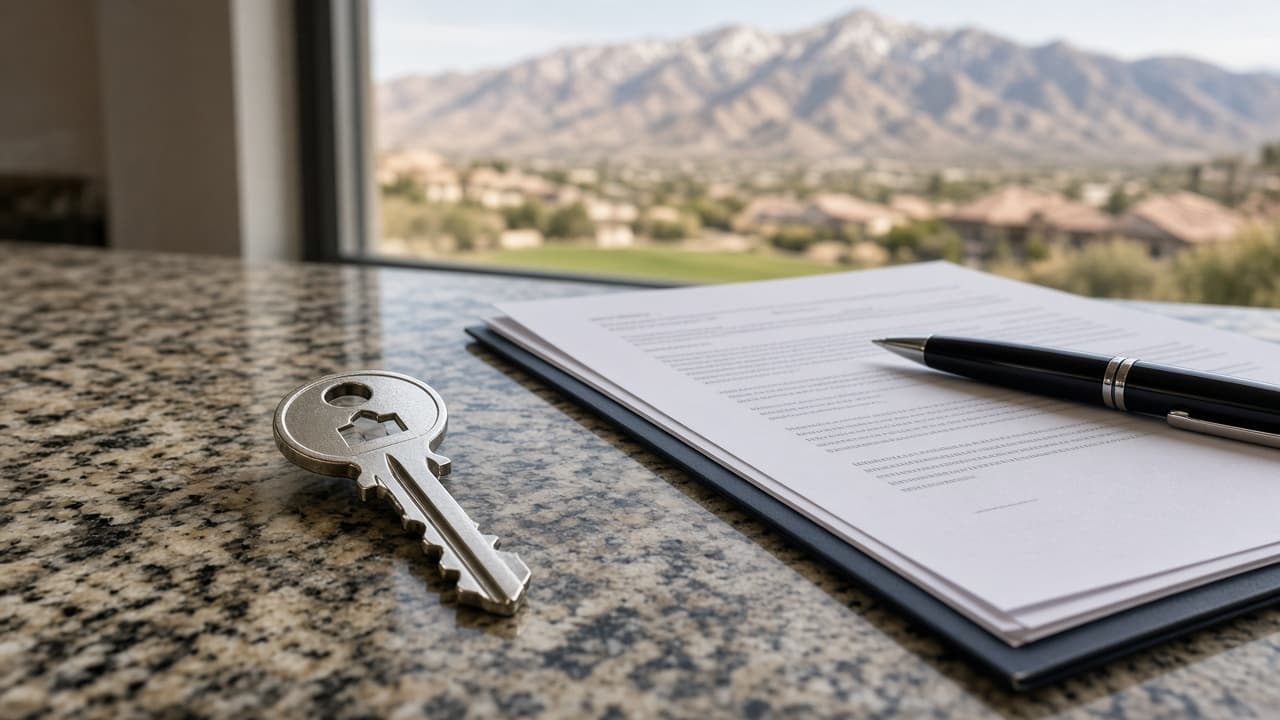 House keys on a kitchen island in a Las Vegas home with mountain views