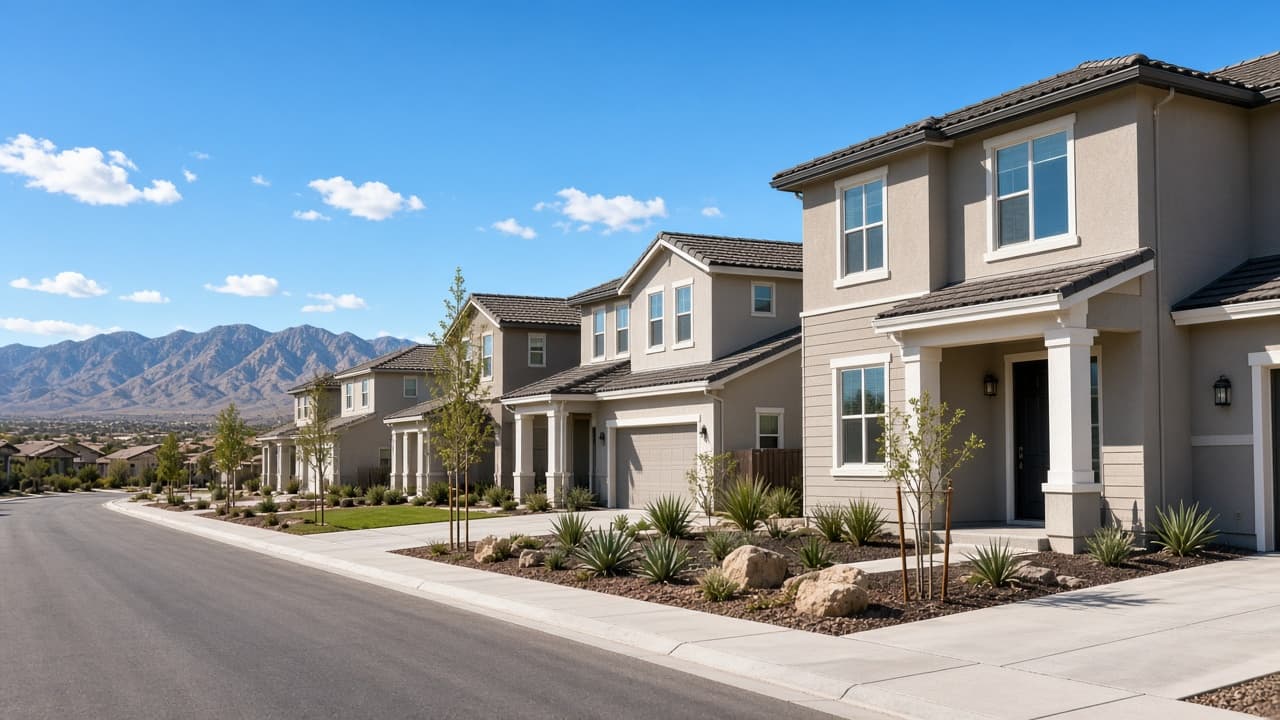 New construction street of two-story Las Vegas homes under a clear sky